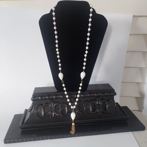 Vintage Milk Glass Long Tassle Necklace Adjustable